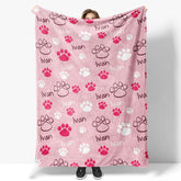 Lofaris Pink White Cute Paw Print Custom Pet Name Blanket